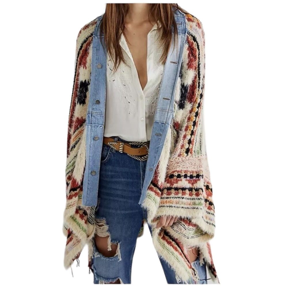 Free People Womens XS/S Running Wild Poncho Desert Combo Denim Oversized - Picture 8 of 8
